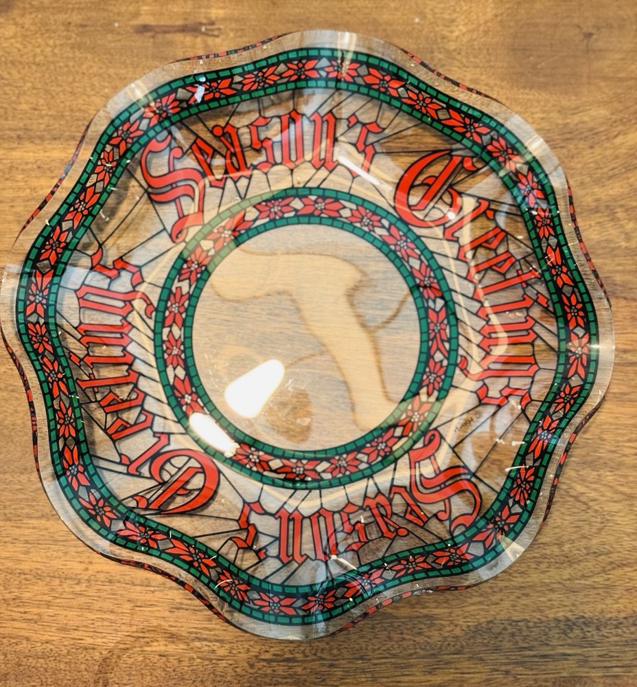 Vintage Houze SEASON'S GREETINGS Ruffled Candy Dish Bowl. Good Holiday Addition