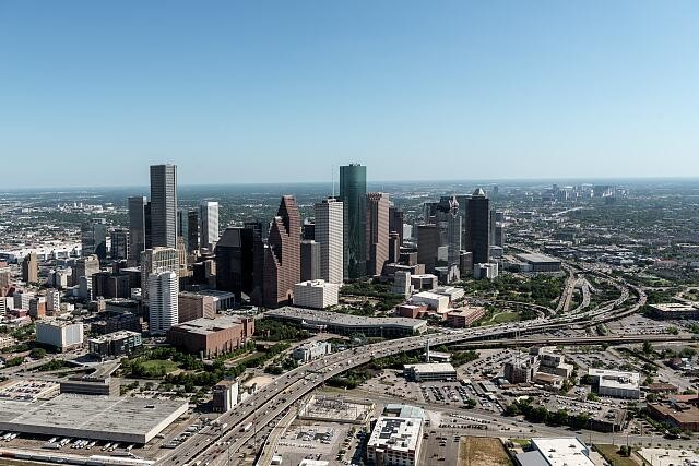 Photo:Houston Texas 2014 Aerial View Skyline Downtown Freeway Interchange