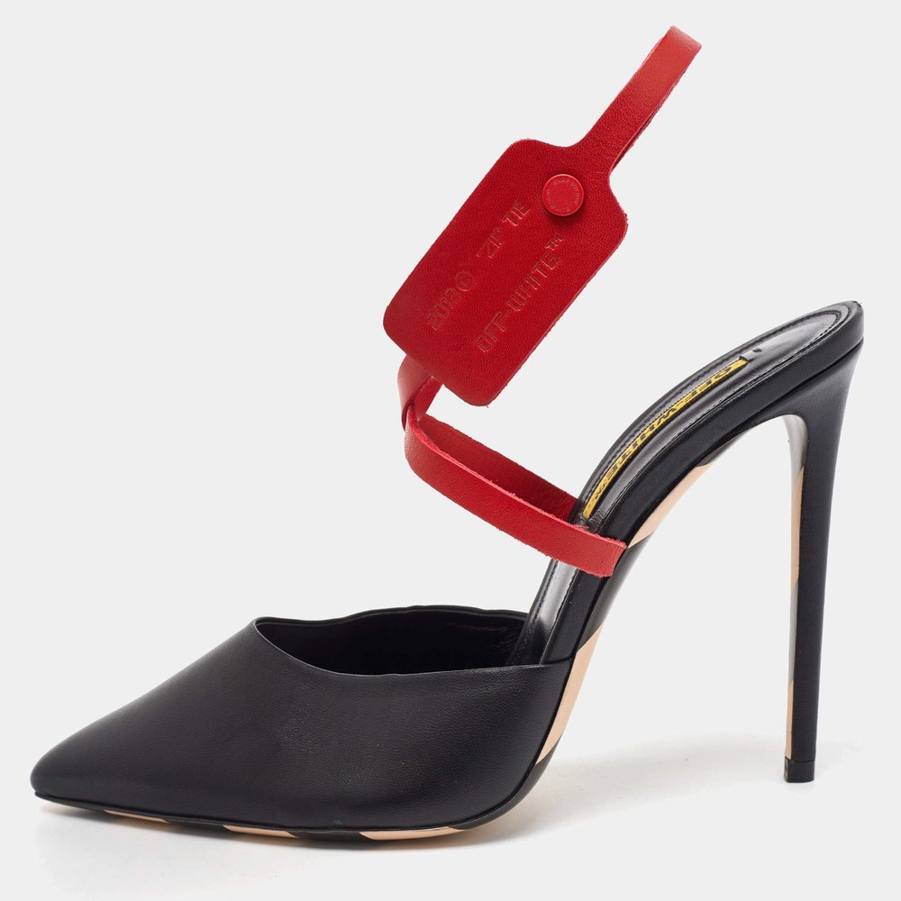 OffWhite BlackRed Leather Pointed Toe Zip Tie Ankle Strap Mules Size 40
