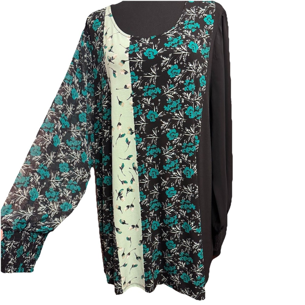 Alfani Blouse 3X Womens Top Green Floral Long Line Sheer Bishop Sleeve Office