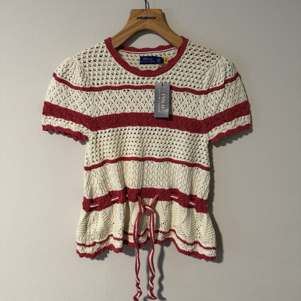 NWT Polo Ralph Lauren Crochet Striped Pointelle S/S Peplum Sweater Size XS $228