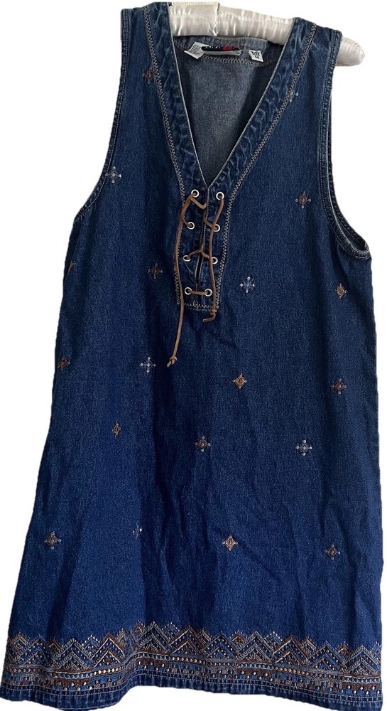 Vintage JL NY 90s Y2K Womens Embroidered Jean Denim Mini Dress Medium M Boho