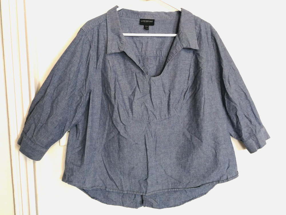Lane Bryant Womens Blouse 18/20 Blue Chambray V-Neck Shirt Top 3/4 Sleeve Office
