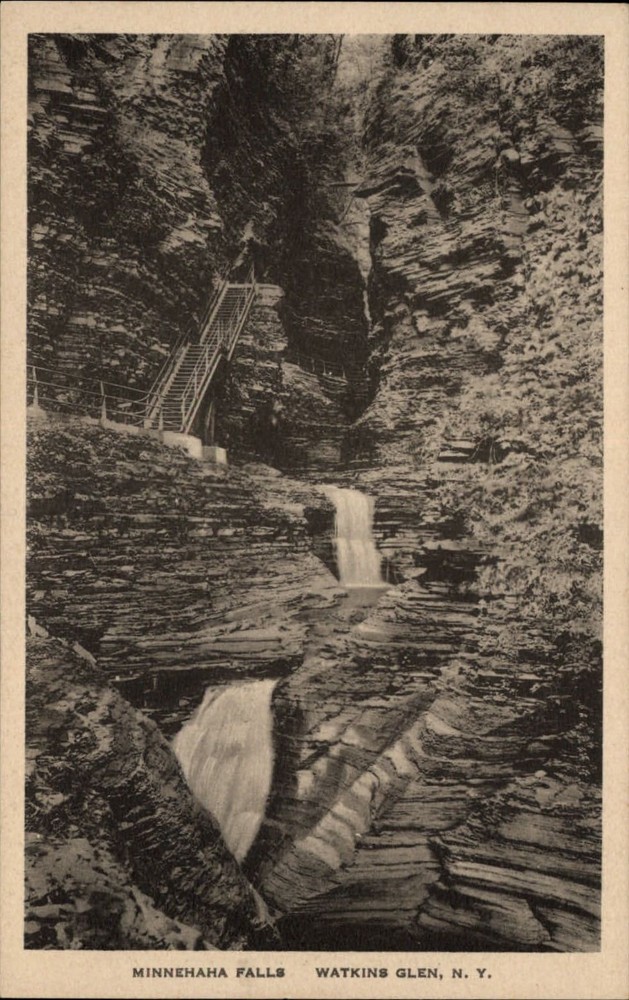 Minnehaha Falls Watkins Glen New York stairway ~ vintage postcard