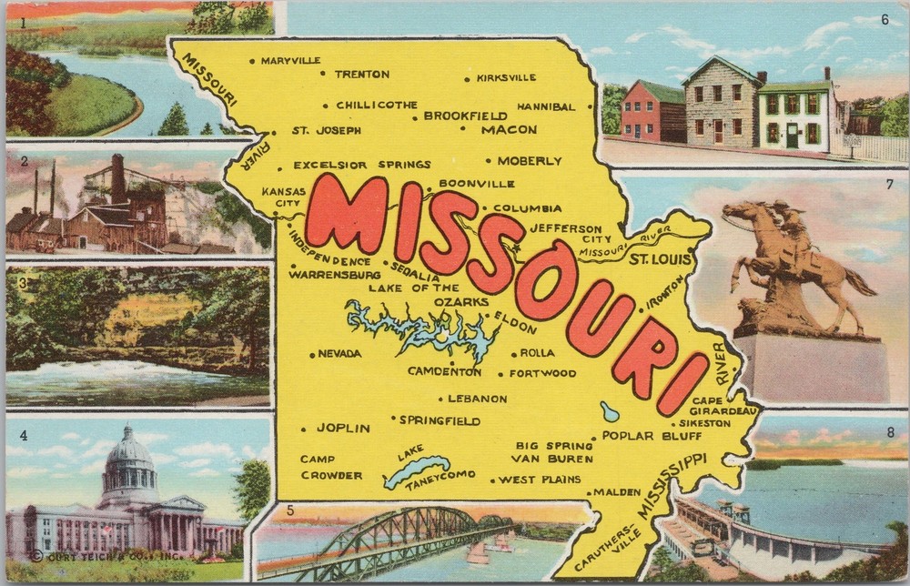 Missouri~State Map & 8 Views Key On Back~Vintage Postcard