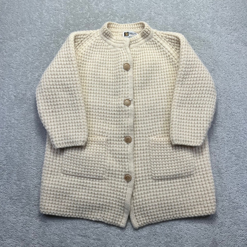 VINTAGE PALLAS Cardigan Sweater Size Large Cream 100% Wool Ireland Hand Loomed