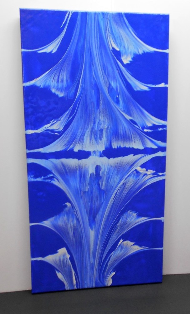 Paint Pour Abstract Art Brilliant Blue String Pull Art With White 12x24 $30.00-image