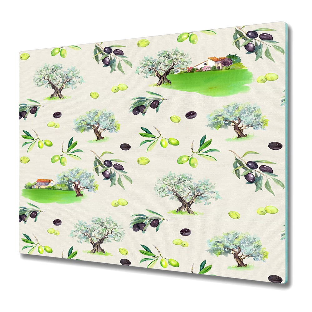 Glass Chopping Board Utensil Board Olive branches green and black 60x52