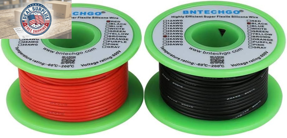 24 Gauge Silicone Wire Spool Red 50Ft and Black 50Ft Flexible 24 AWG Stranded Ti