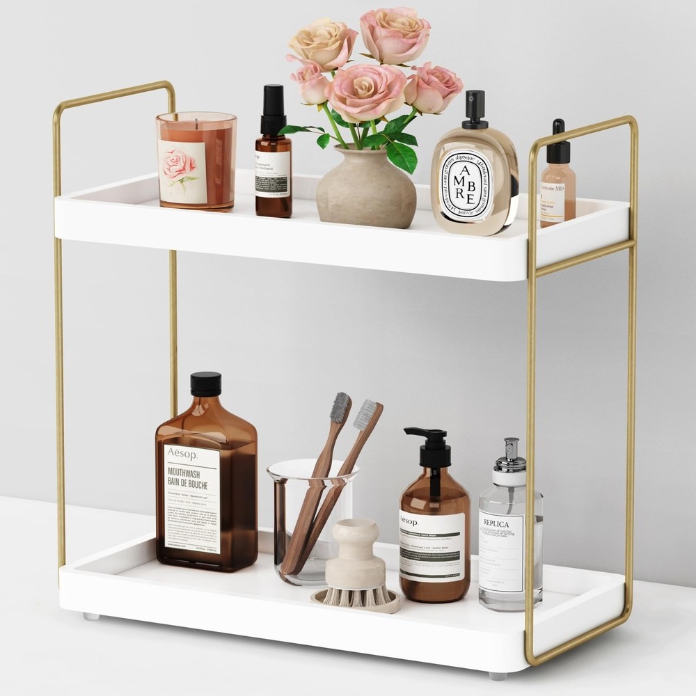 Forbena White and Gold Bathroom Counter Organizer, 2 Tier Makeup Vanity Organ...