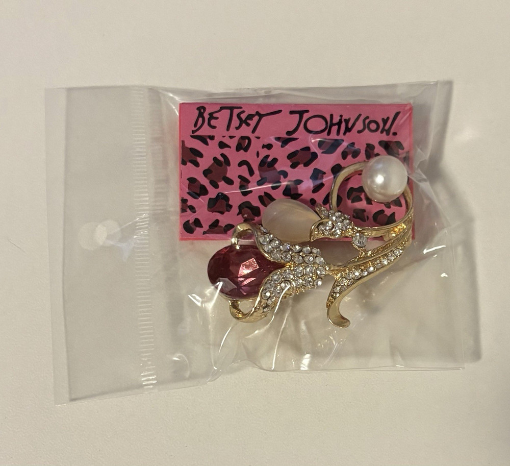 Betsey Johnson Brooch Pin Gold Pink Rhinestone Clear Crystal Pearl