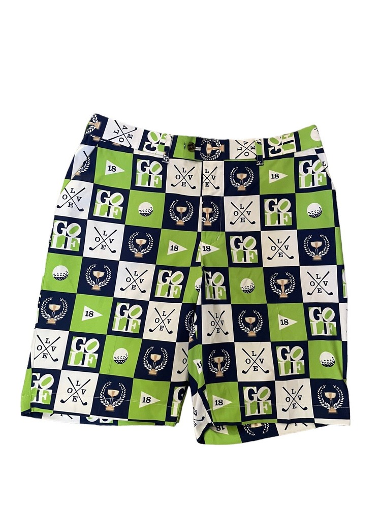 Loudmouth I Love Golf Green Blue White Stretch Golf Shorts Men's 44 (37W)