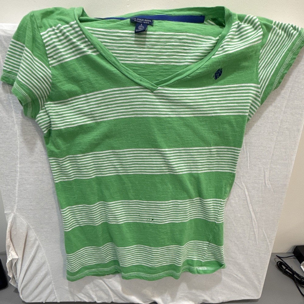 U.S. Polo Assn. V-Neck Striped Knit T-Shirt Green/White Women's Size L