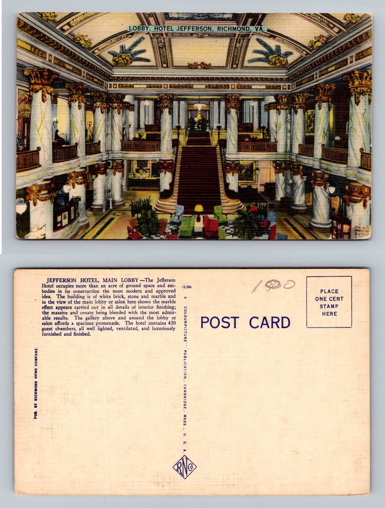 Richmond, VA-Virginia, Jefferson Hotel Main Lobby Grand Stairs Vintage Postcard