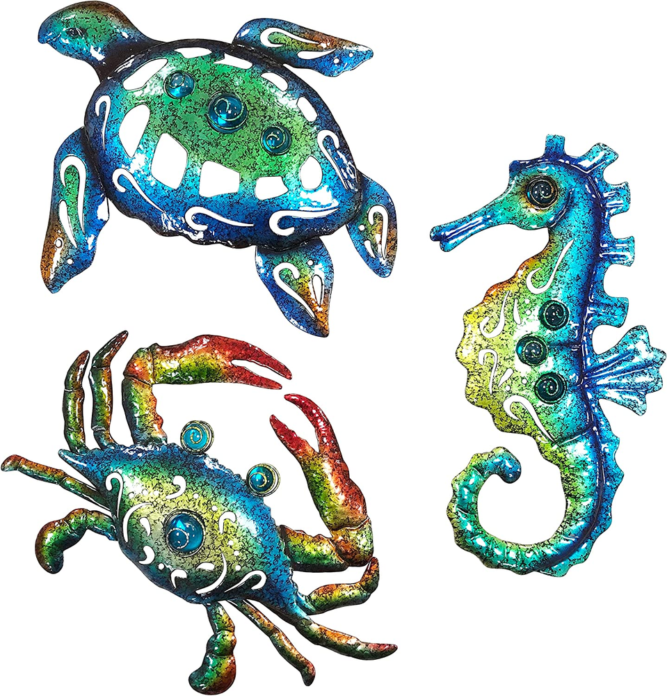 Metal Sea Turtle Seahorse Crab Beach Themed Bathroom Wall Art Decor, Ocean Theme