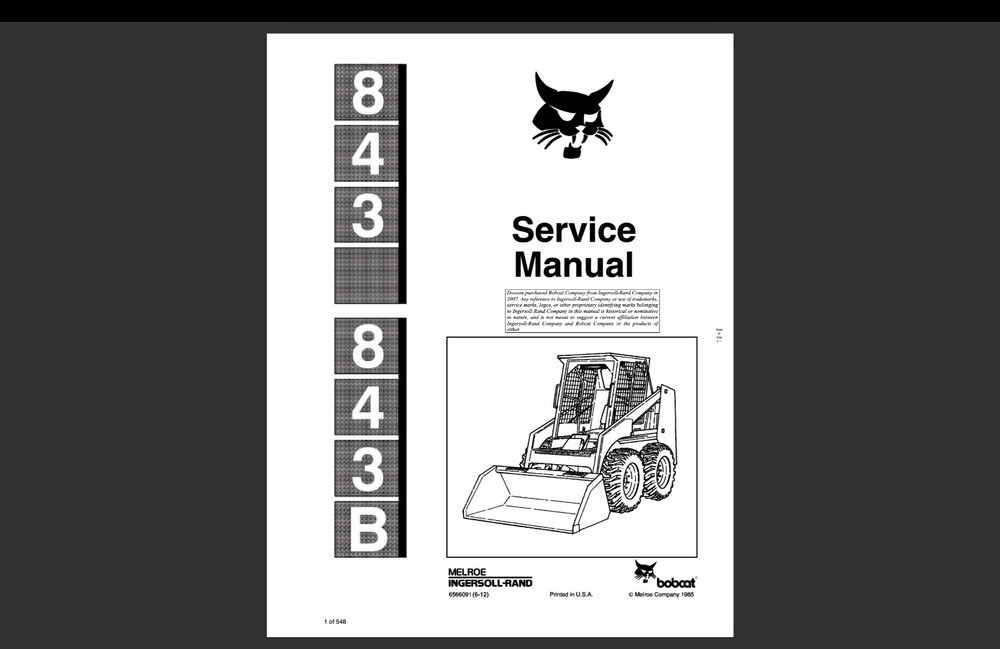 Bobcat 843 Service Repair Manual, Workshop Manual