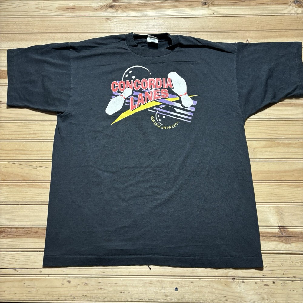 Vintage 90s Concordia Lanes New Ulm Minnesota Black Faded Shirt Size XL
