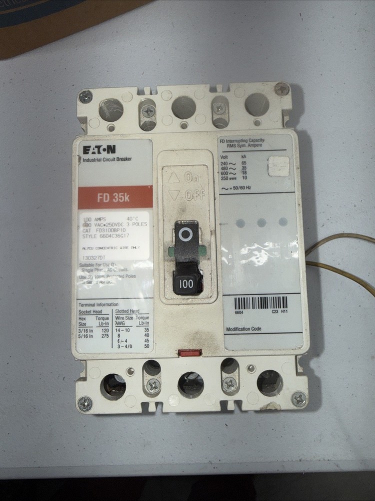 Cutler Hammer  FD3100BP10  3 Pole 100 Amp 600Volt Circuit Breaker