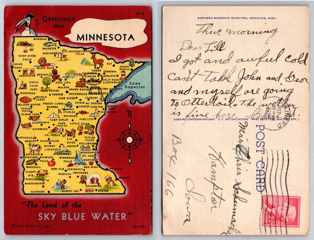 Minnesota Map Land Sky Blue Water Postcard