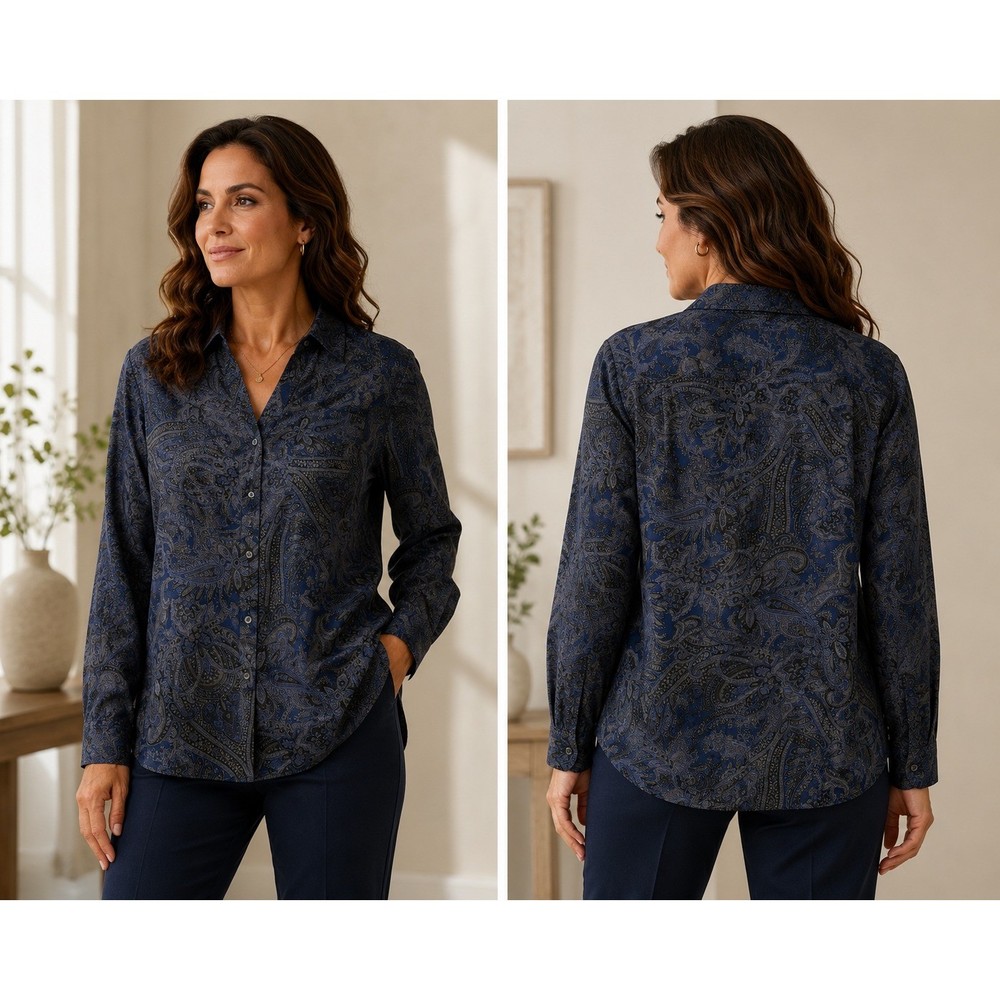 Lauren Ralph Lauren Women Blouse Blue Paisley Cotton Button Down Shirt 1X NWT