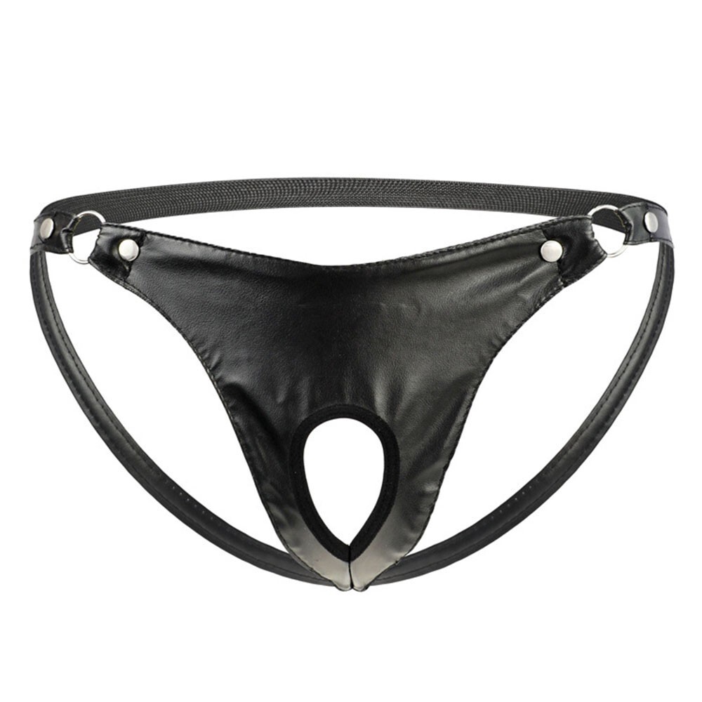 1�� Men Sexy Underwear Artificial Leather Metal Ring Thong Jock Strap Underpants