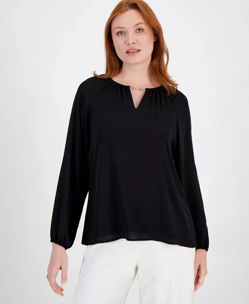 Tahari Women's M Solid Color Chain Detail Split Neck Blouse