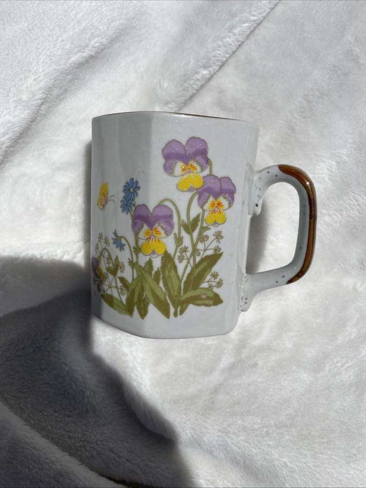 Elegant Vintage Made In Korea White Coffee Mug With Iris Flowers Purple Design