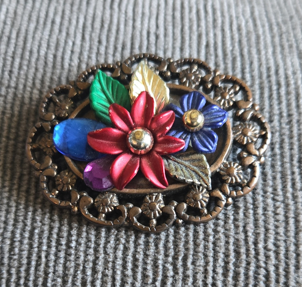 Vintage Flower Brooch Brass Metal Multicolor Enamel Fashion Pin