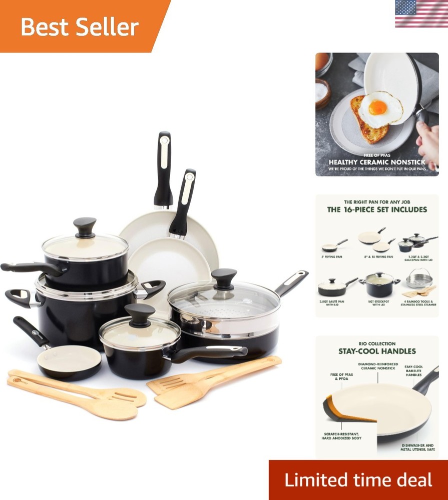 Rio 16-Piece Nonstick Ceramic Cookware Set – PFAS-Free & Dishwasher Safe