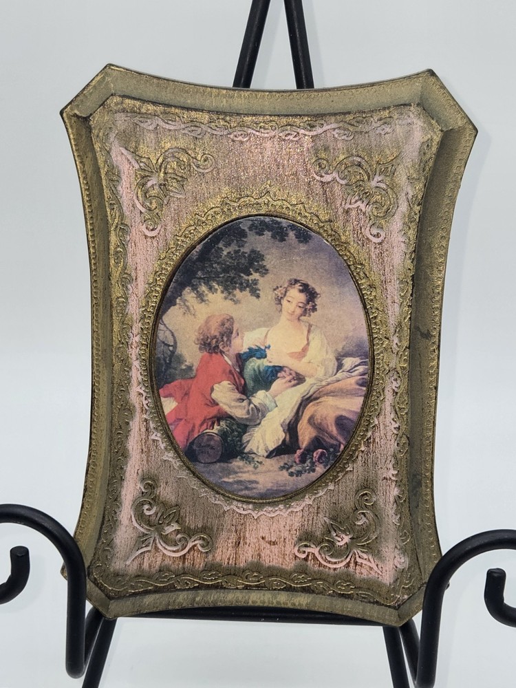 Vintage Italian Florentine Style Wall Plaque Romantic Scene Gold Gilt Pink Frame