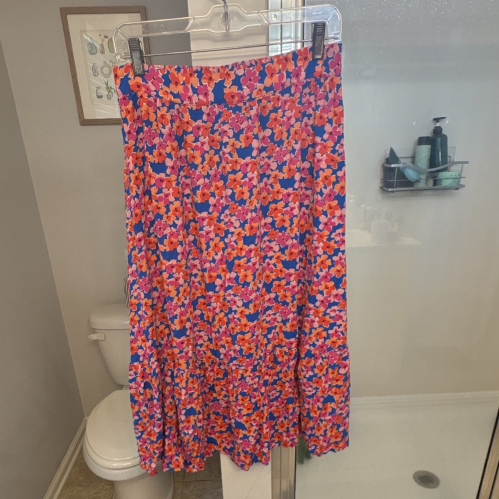 Skies Are Blue Women’s Blue Pink Orange Floral A-Line Midi Skirt Regular M