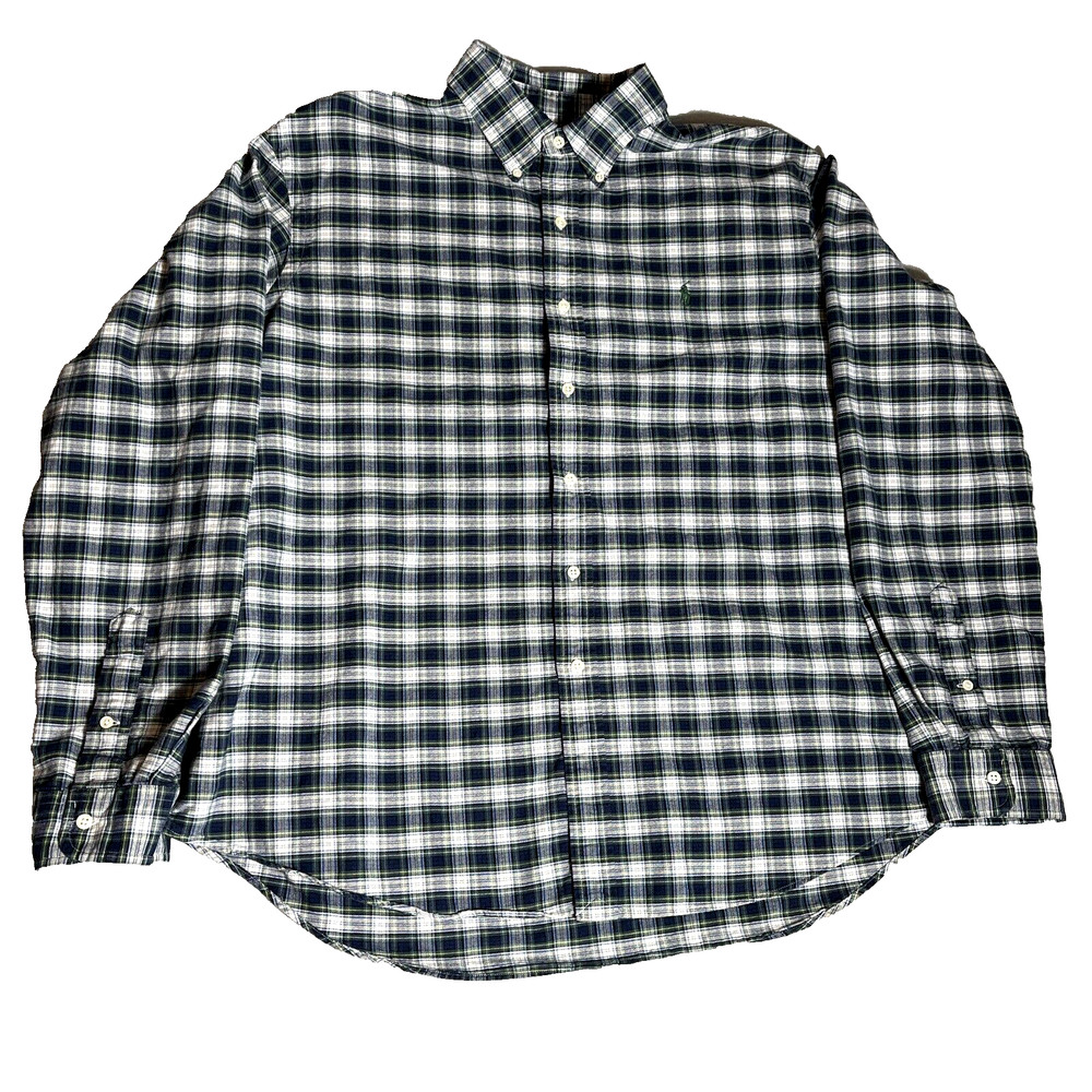 Polo Ralph Lauren Shirt Men’s XXL Green Blue Plaid Custom Fit Long Sleeve Oxford
