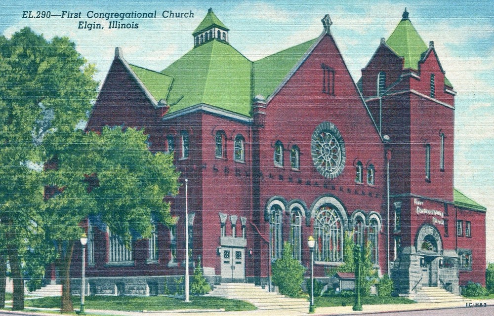 First Congregational Church, Elgin, Illinois Vintage Linen Postcard