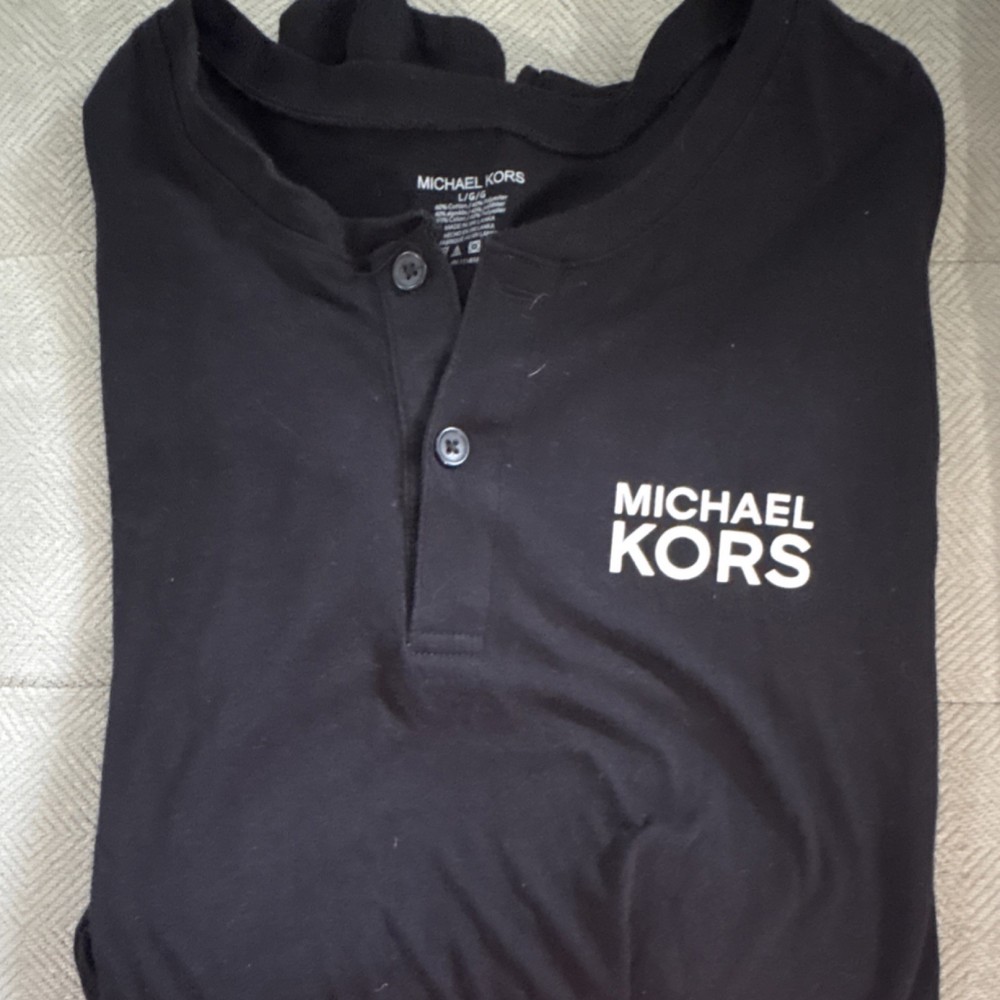 Michael Kors Men's Black Cotton Jersey Henley Logo T-Shirt Button Accents Size L