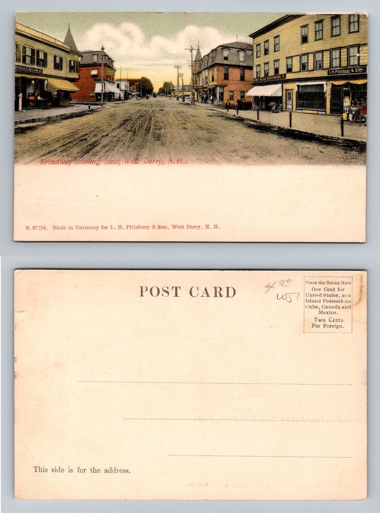West Derry, NH-New Hampshire, Broadway Looking East Storefronts Vintage Postcard