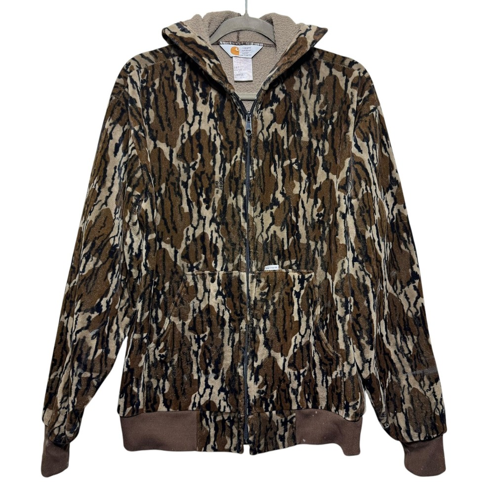 Vtg 90s Carhartt Mossy Oak Polar Fleece Hooded Jacket Large Hunt Camo USA Flawed