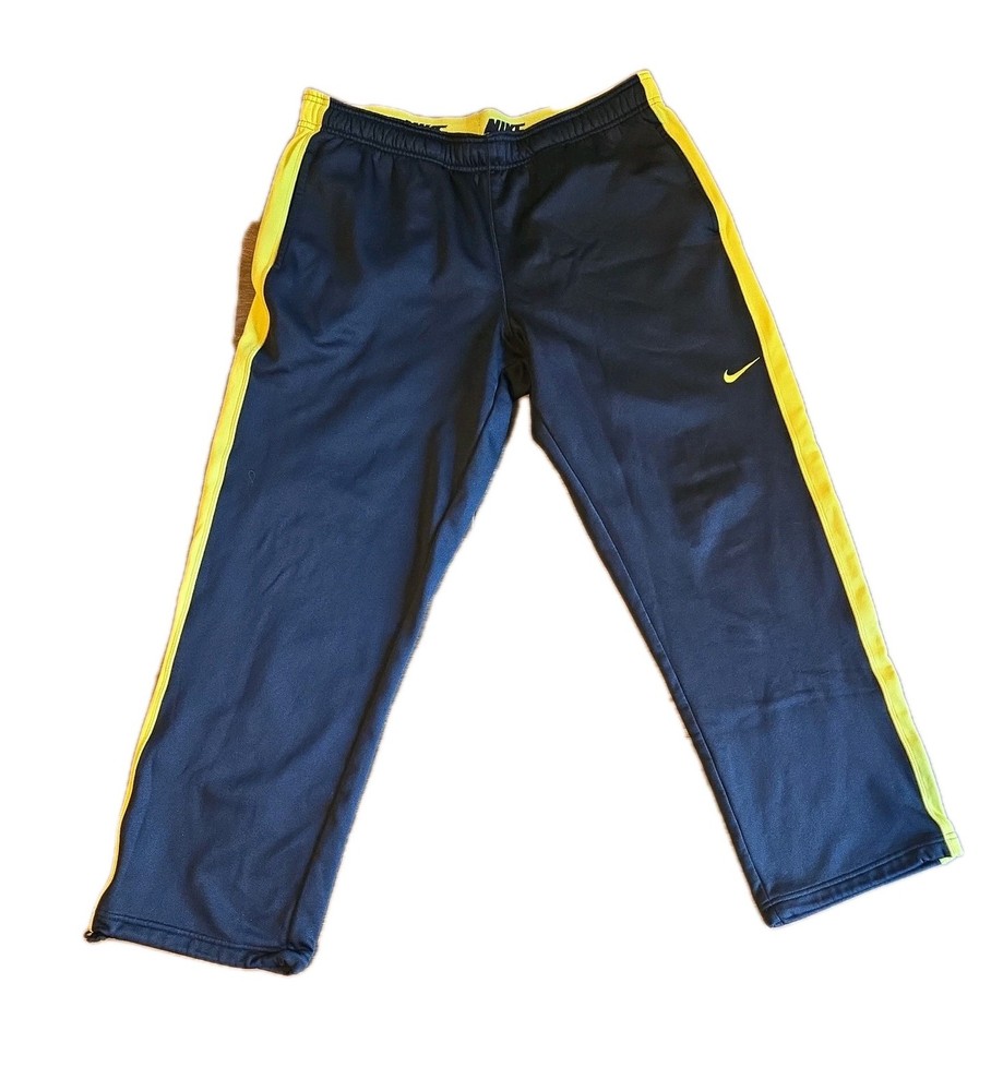 Nike Mens Therma Fit Fleece Sweatpants Navy Blue Neon Green Stripe Xl Athletic