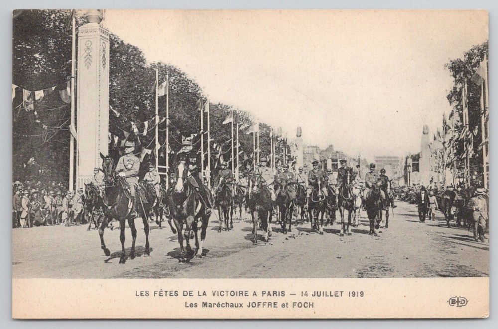 1919 Paris Victory Parade Postcard - Marshals Joffre Foch WWI Era