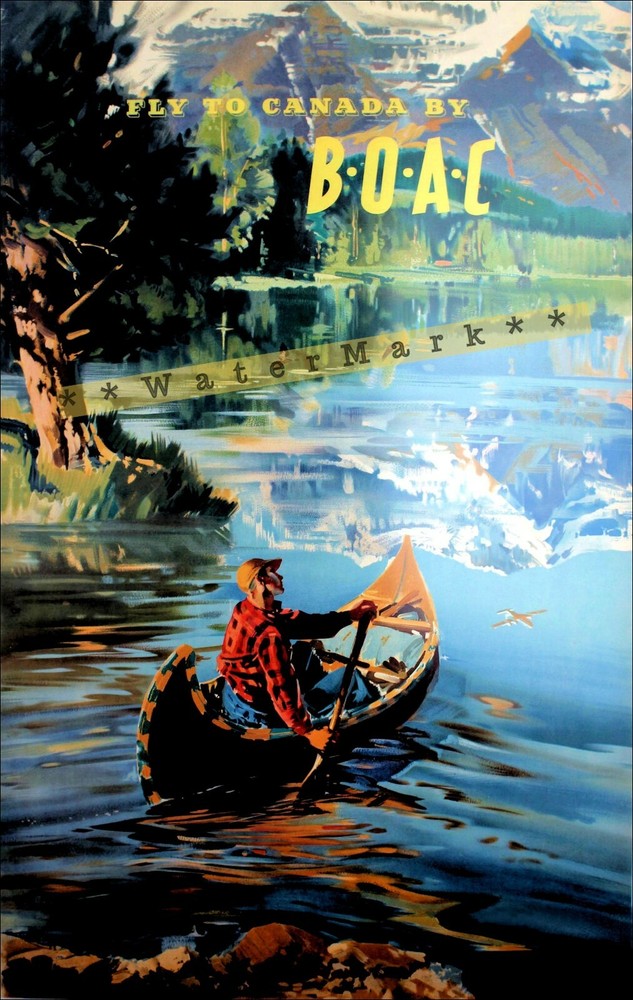 1950s Vintage Fly to Canada Travel Poster Featuring Fishing and Boating Scenery  