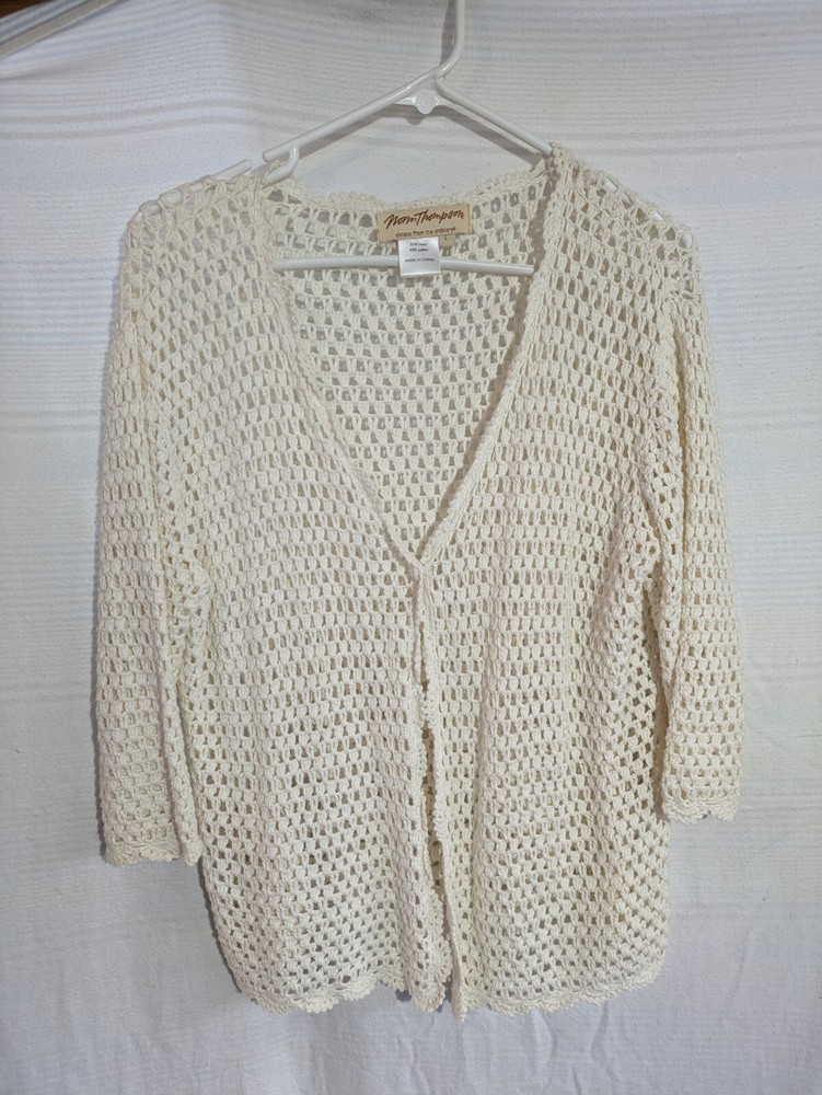 Vintage Norm Thompson Knit Cardigan Linen Cotton Blend Size Large Ivory Boho