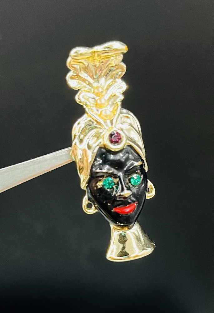 Vintage Blackamoor African Venetian Sultan Black Enamel Jeweled Turban Pin