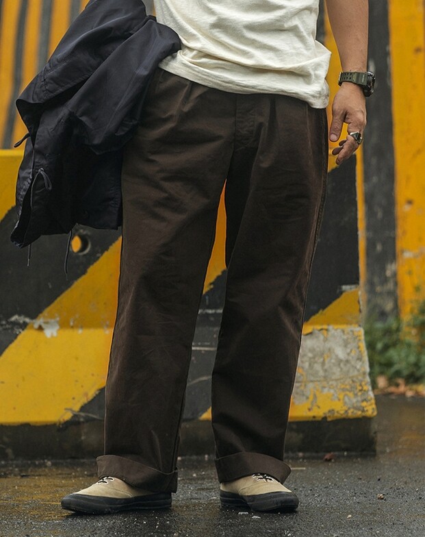 Men Spring Vintage 60s Casual Pant Belted Pleatted Chino Twill Trousers