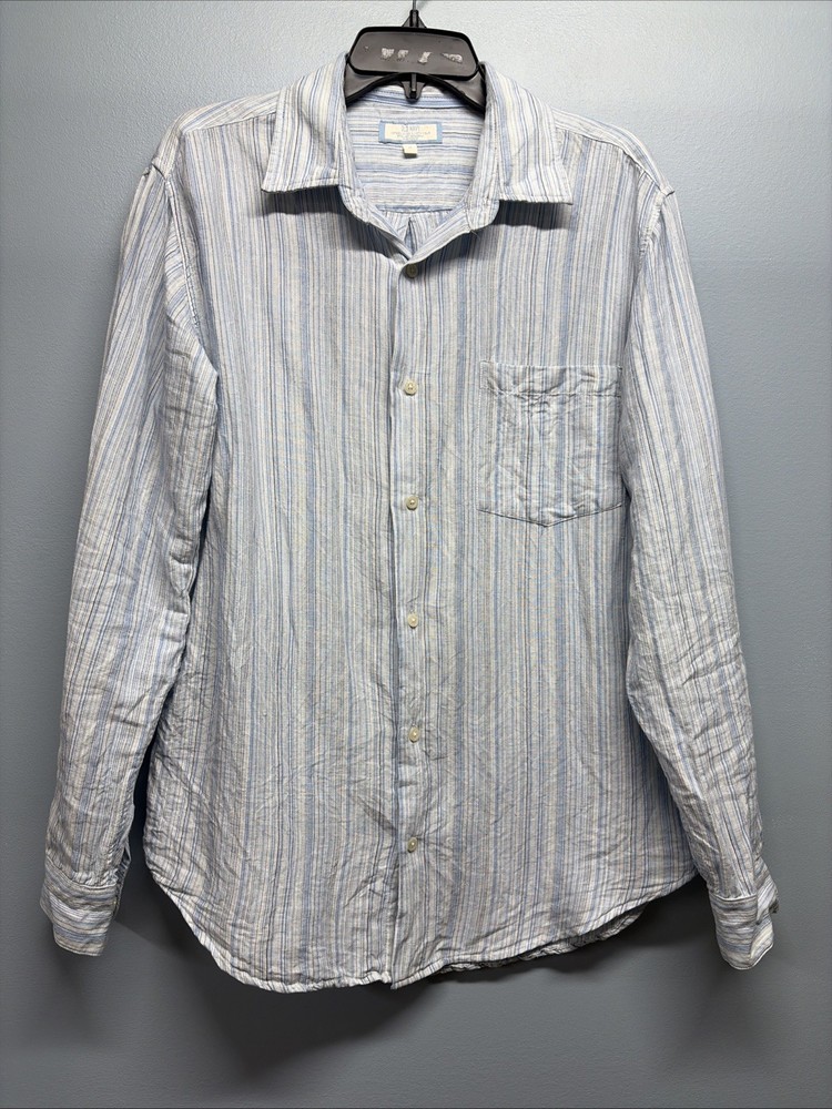 VTG Old Navy Men’s Sz Medium Linen/Cotton Blend Shirt Blue Striped Button-up Y2K