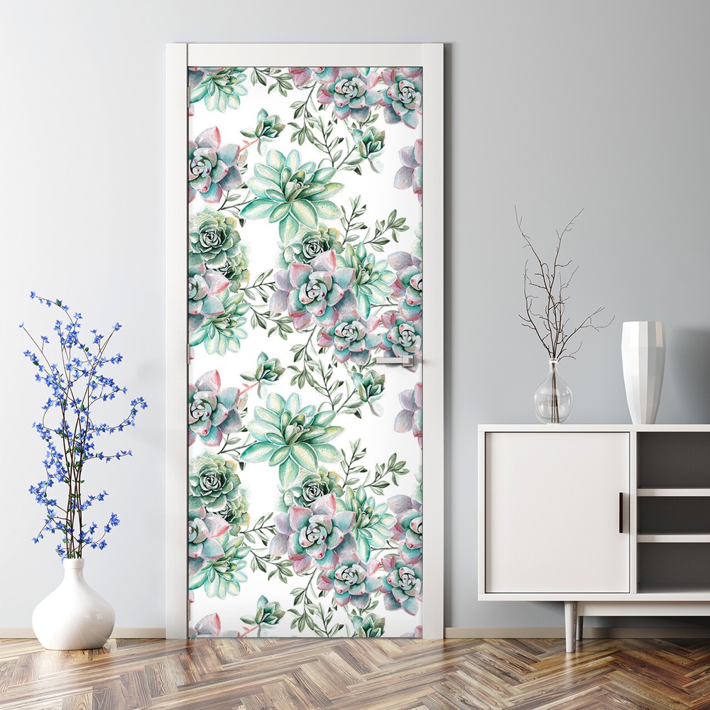 Succulent Watercolor Floral Bubble-Free Self-Adhesive Door Decal for Home Decor