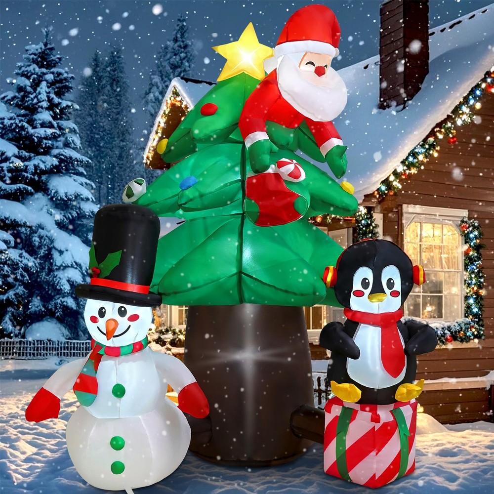 6FT Christmas Tree Inflatable with Santa Claus & Snowman & Penguin, Christmas...