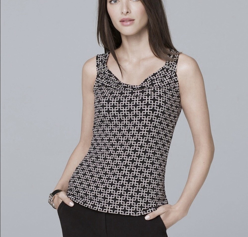 WHBM Black & White Geo Print NWT Draped Neck Sleeveless Tank  Blouse Size Large