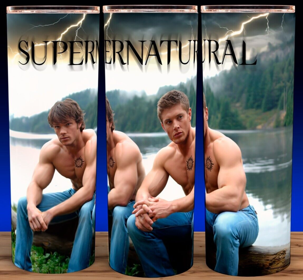 Supernatural Sam & Dean Winchester in Jeans by Lake Cup Mug Tumbler 20oz