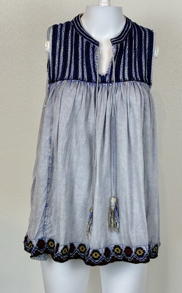 Rachel Zoe Womens Boho Sleeveless Embroidered Tunic Top Size M Blue Festival