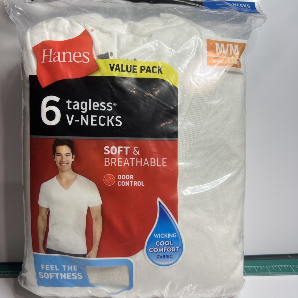 Hanes V-Necks Tagless Men's T-Shirts Value Pack - White, Size M, 6 Pack