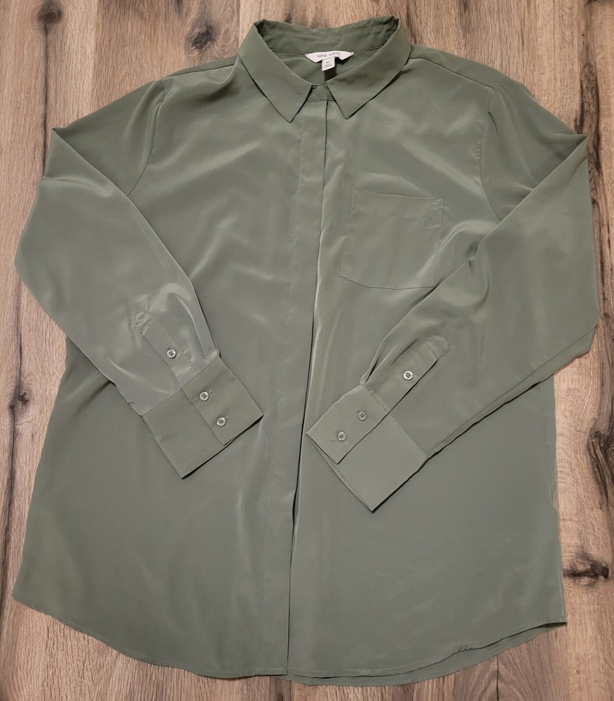 Nine West Womens Green Long Sleeve Button Down Blouse With Front Pocket Size Xl